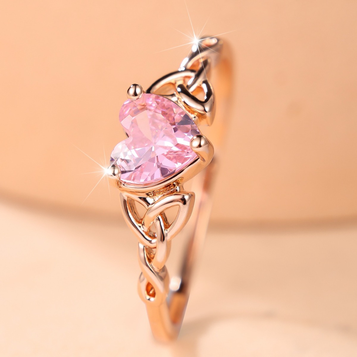 Women's Elegant Heart Pink Multi-Facet Solitaire Promise Ring